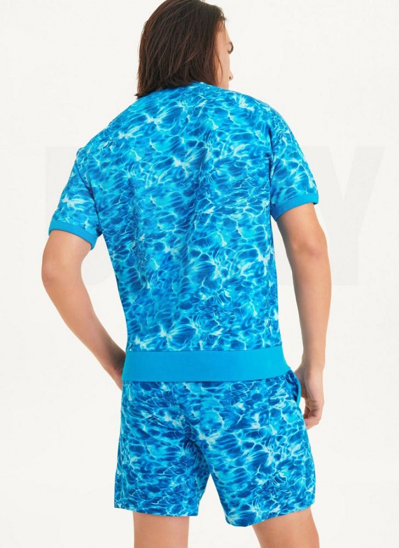 Blue DKNY Water Print Crew Men's T Shirts | USA-D0891