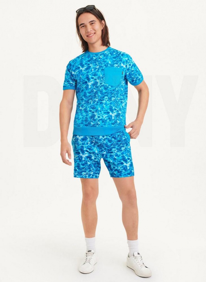 Blue DKNY Water Print Crew Men's T Shirts | USA-D0891