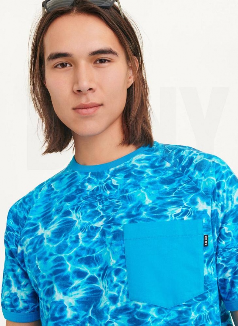 Blue DKNY Water Print Crew Men's T Shirts | USA-D0891