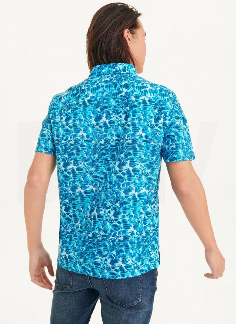 Blue DKNY Water Print Men's Shirts | USA-D1391