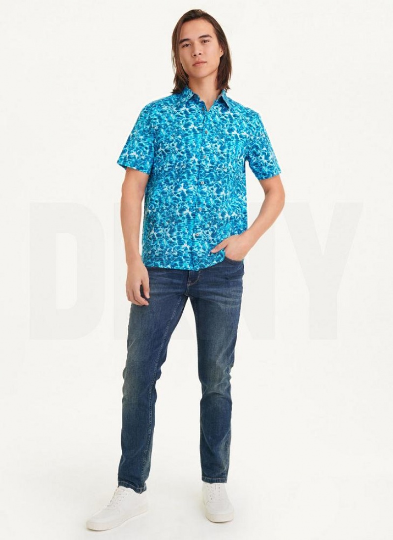 Blue DKNY Water Print Men's Shirts | USA-D1391