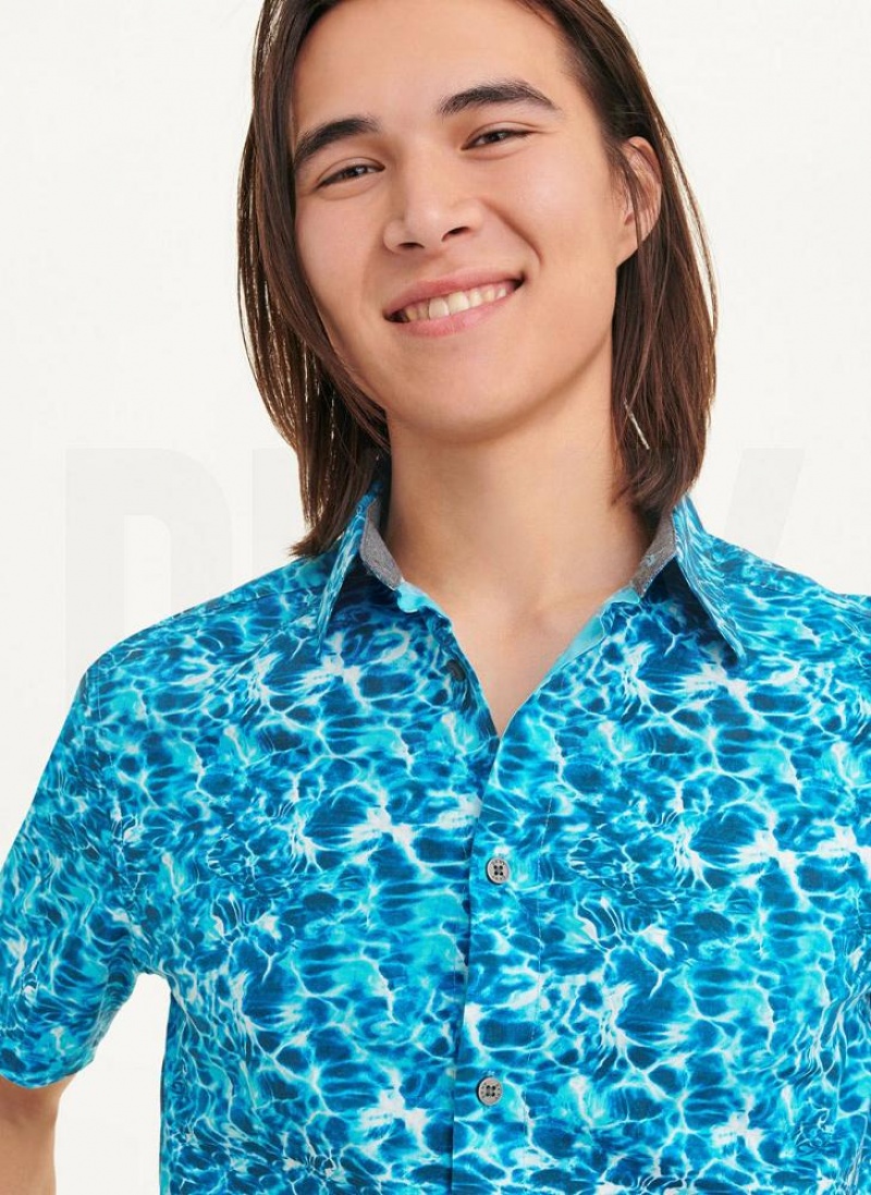 Blue DKNY Water Print Men's Shirts | USA-D1391