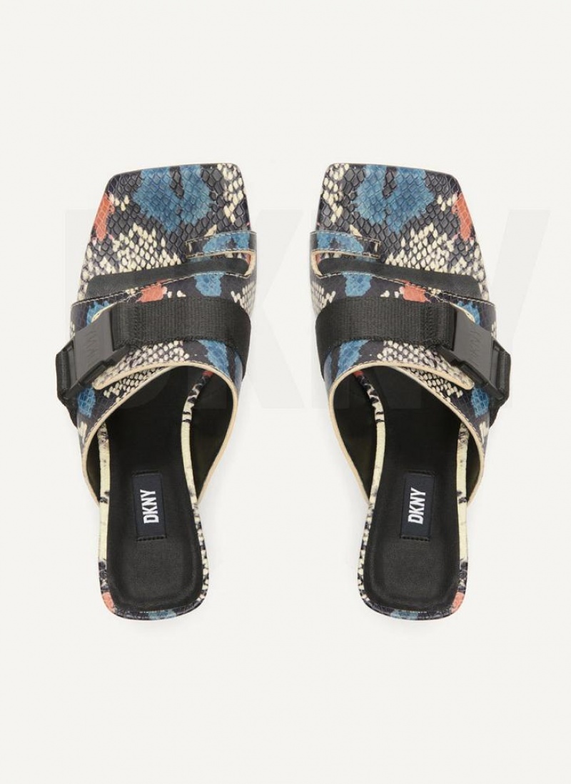 Blue Multicolor DKNY Heeled Buckle Mule Shoes Heels | USA-D0942