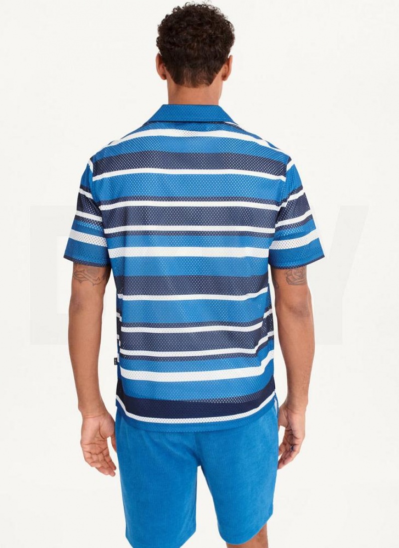 Blue Multicolor DKNY Mesh Stripe Camp Men's Shirts | USA-D0280
