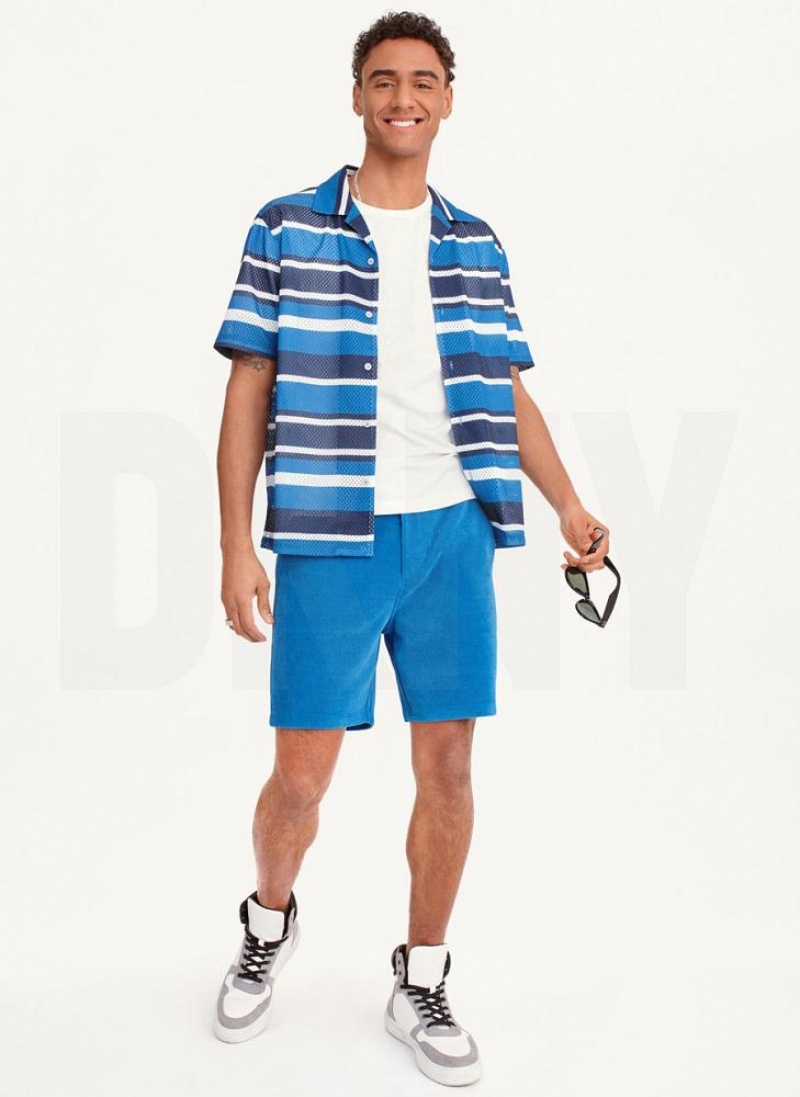 Blue Multicolor DKNY Mesh Stripe Camp Men's Shirts | USA-D0280