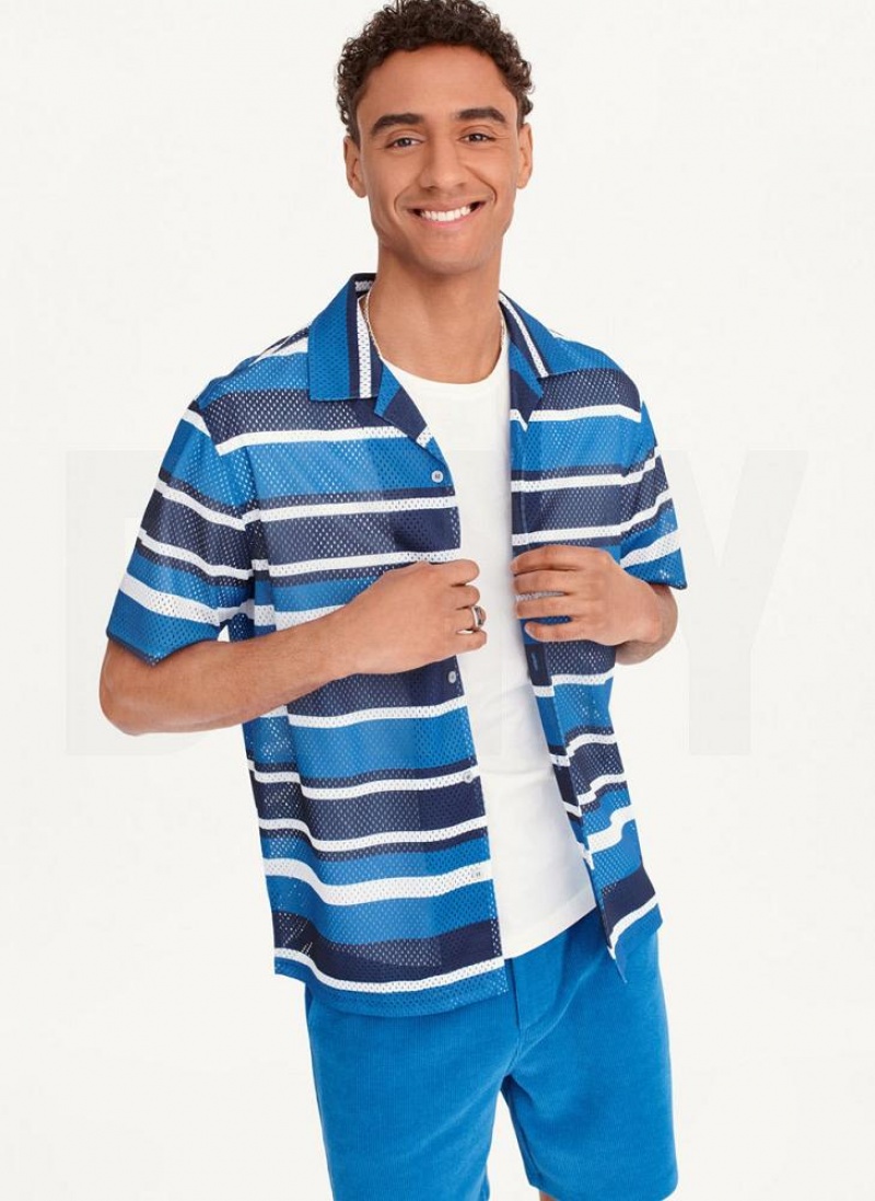Blue Multicolor DKNY Mesh Stripe Camp Men\'s Shirts | USA-D0280