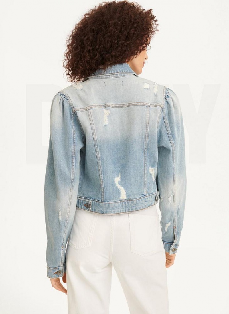 Blue Wash DKNY Puff Sleeve Destruction Trucker Women's Jackets | USA-D0424