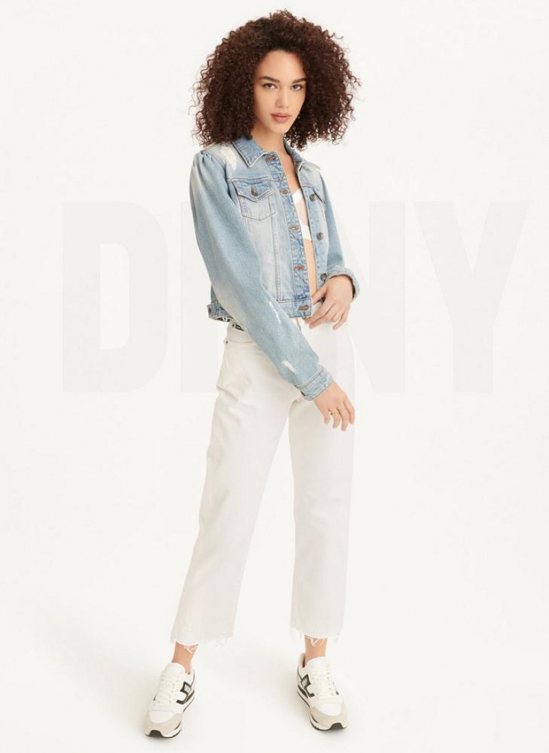 Blue Wash DKNY Puff Sleeve Destruction Trucker Women's Jackets | USA-D0424