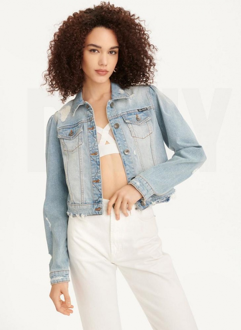 Blue Wash DKNY Puff Sleeve Destruction Trucker Women's Jackets | USA-D0424