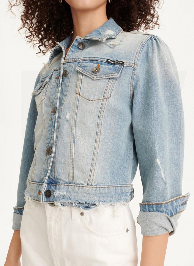 Blue Wash DKNY Puff Sleeve Destruction Trucker Women's Jackets | USA-D0424