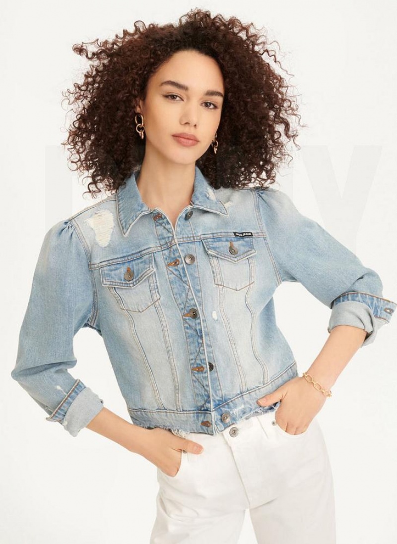 Blue Wash DKNY Puff Sleeve Destruction Trucker Women's Jackets | USA-D0424