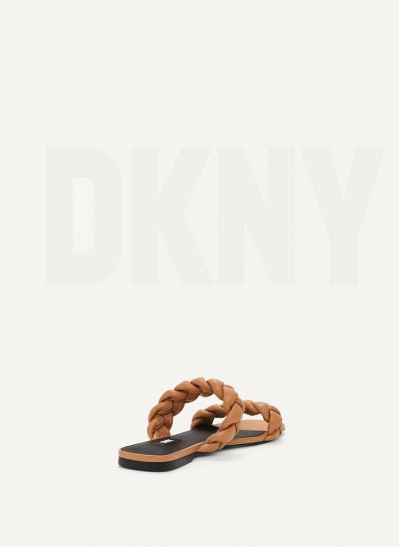 Brown DKNY Braided Double Strap Shoes Slides | USA-D1130