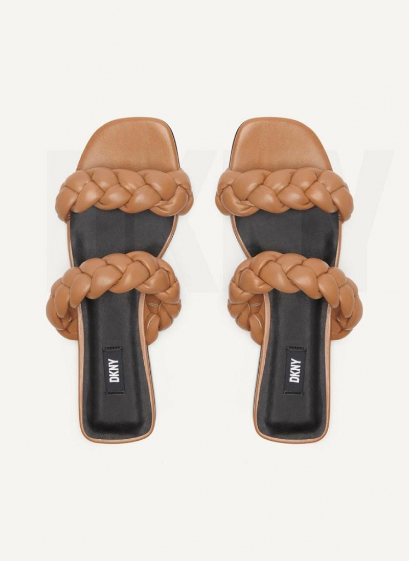 Brown DKNY Braided Double Strap Shoes Slides | USA-D1130