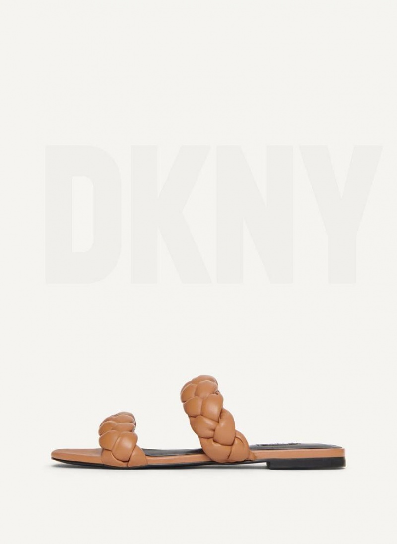 Brown DKNY Braided Double Strap Shoes Slides | USA-D1130