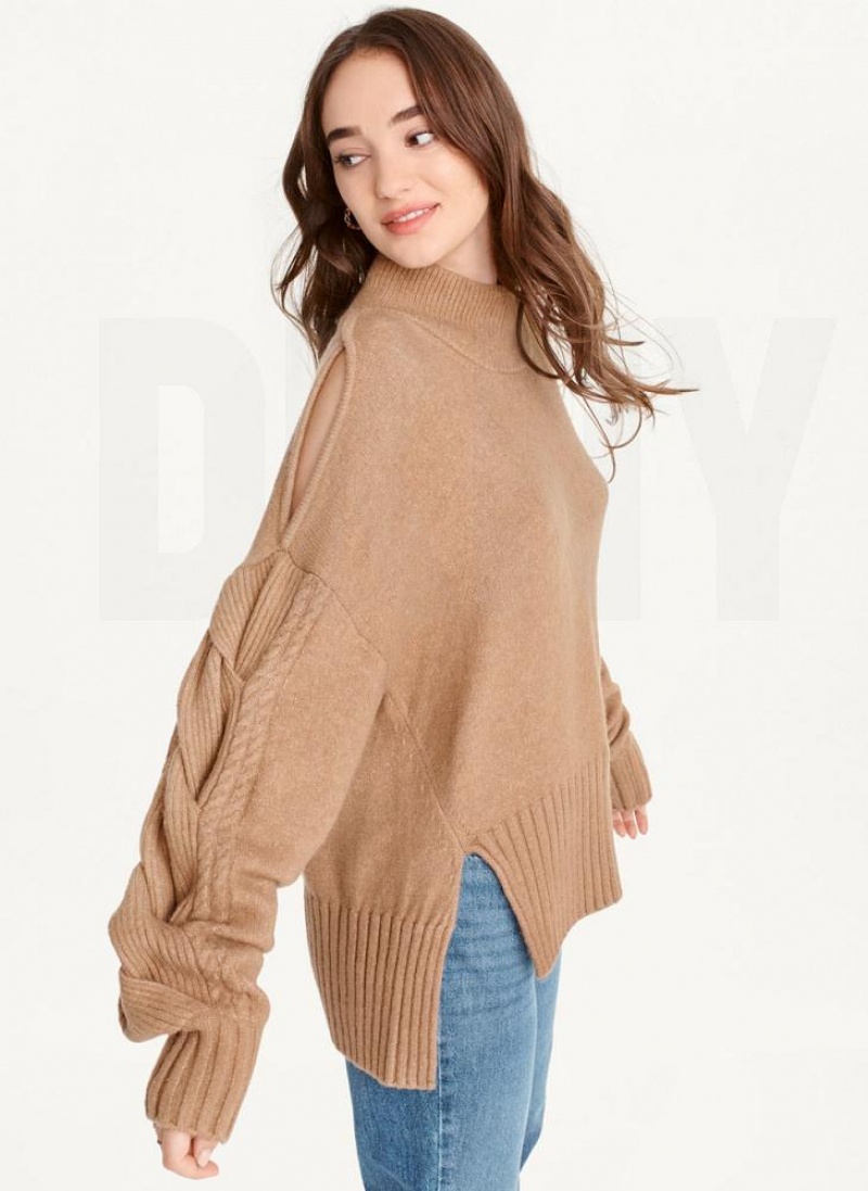 Brown DKNY Cold-Shoulder Women\'s Sweaters | USA-D0335