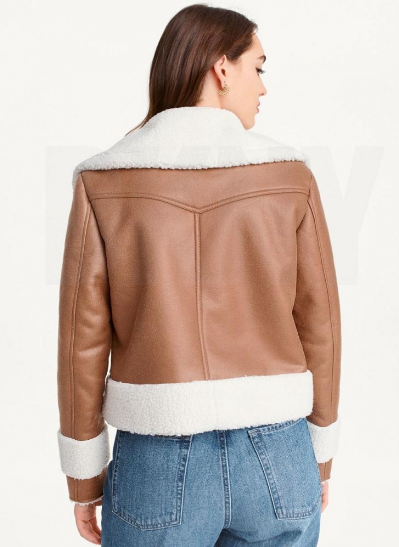 Brown DKNY Faux-Suede Shearling Trim Biker Women's Coats | USA-D1823