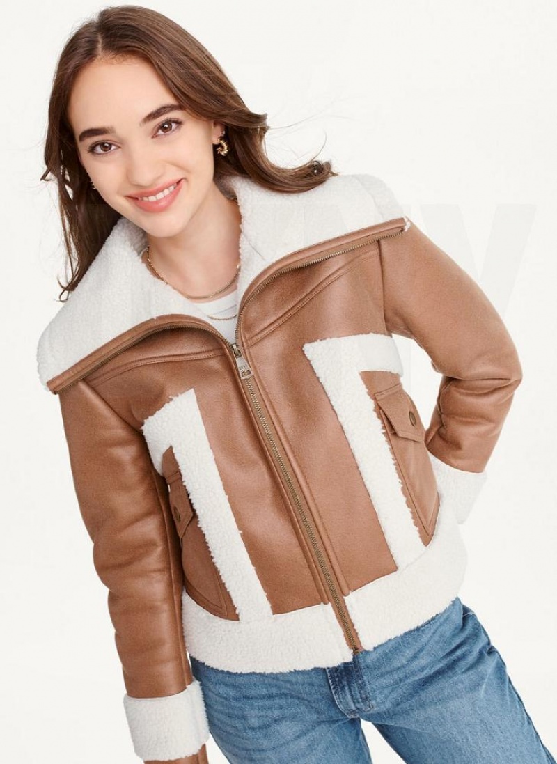 Brown DKNY Faux-Suede Shearling Trim Biker Women's Coats | USA-D1823