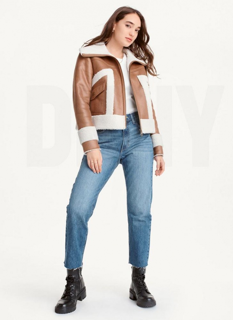 Brown DKNY Faux-Suede Shearling Trim Biker Women's Coats | USA-D1823