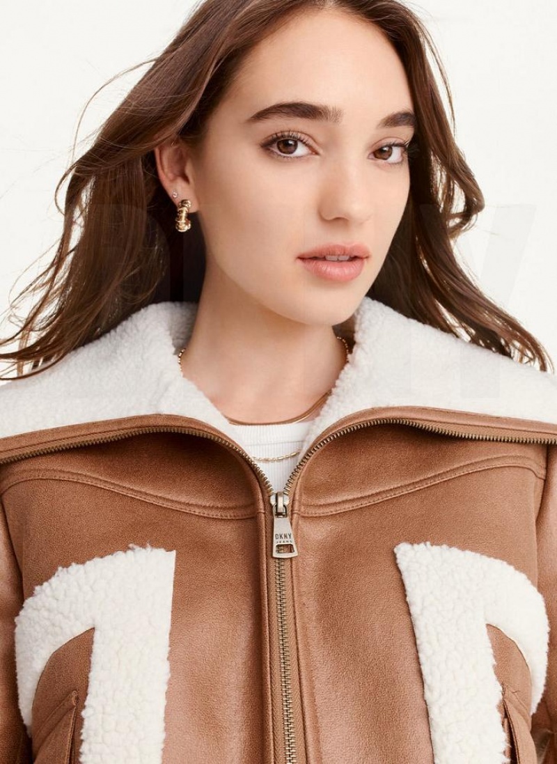 Brown DKNY Faux-Suede Shearling Trim Biker Women's Coats | USA-D1823
