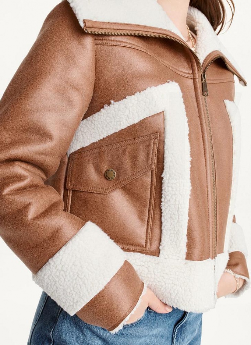 Brown DKNY Faux-Suede Shearling Trim Biker Women's Coats | USA-D1823