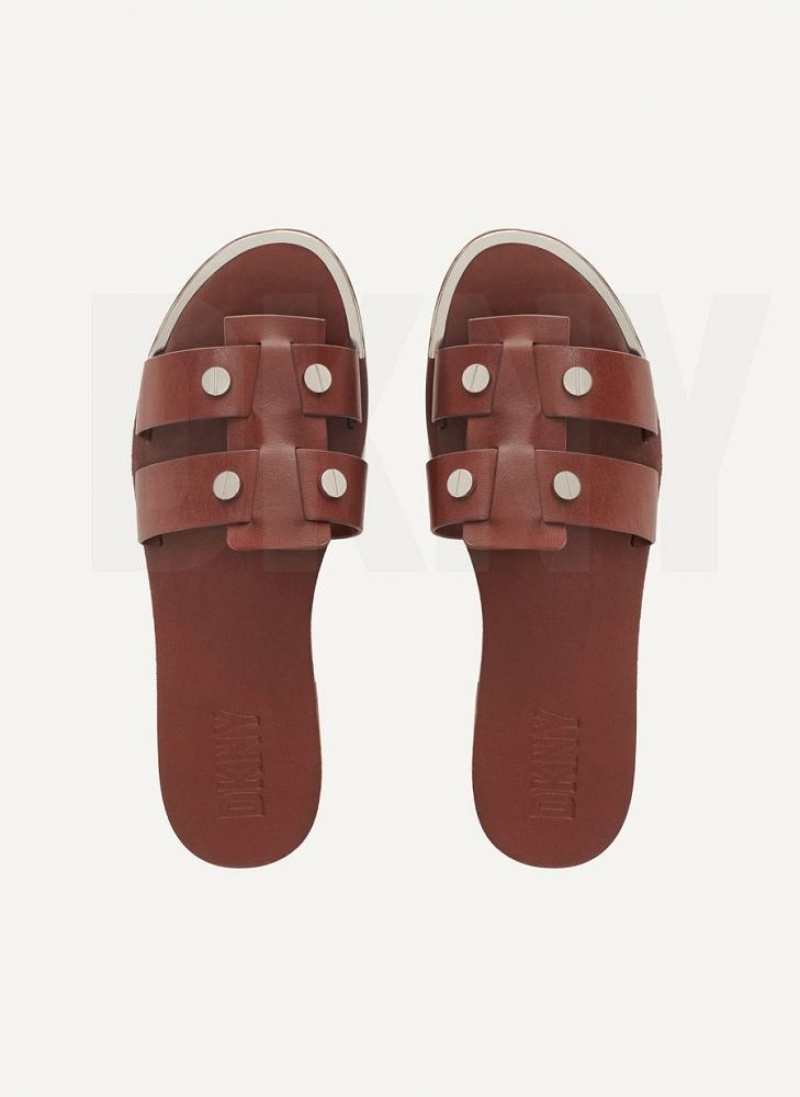 Brown DKNY Glynn Flat Shoes Slides | USA-D0482