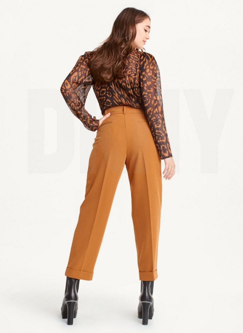 Brown DKNY High Rise Pleat Rolled Cuff Women's Pants | USA-D0377