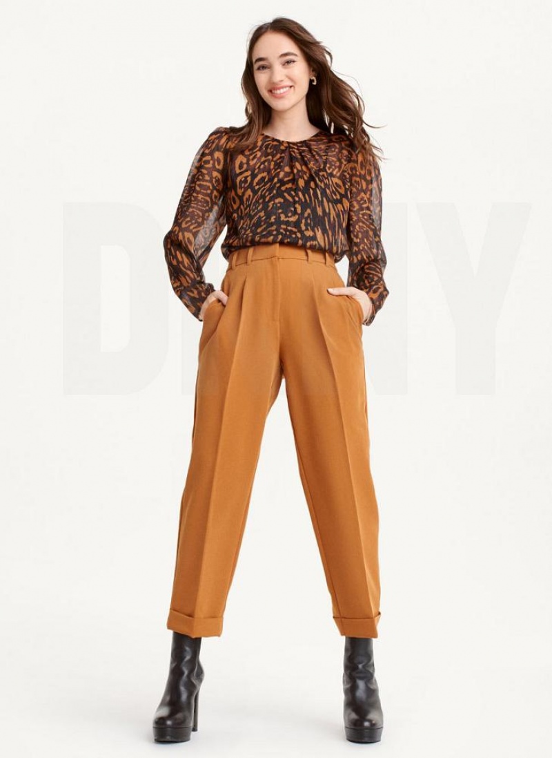 Brown DKNY High Rise Pleat Rolled Cuff Women's Pants | USA-D0377