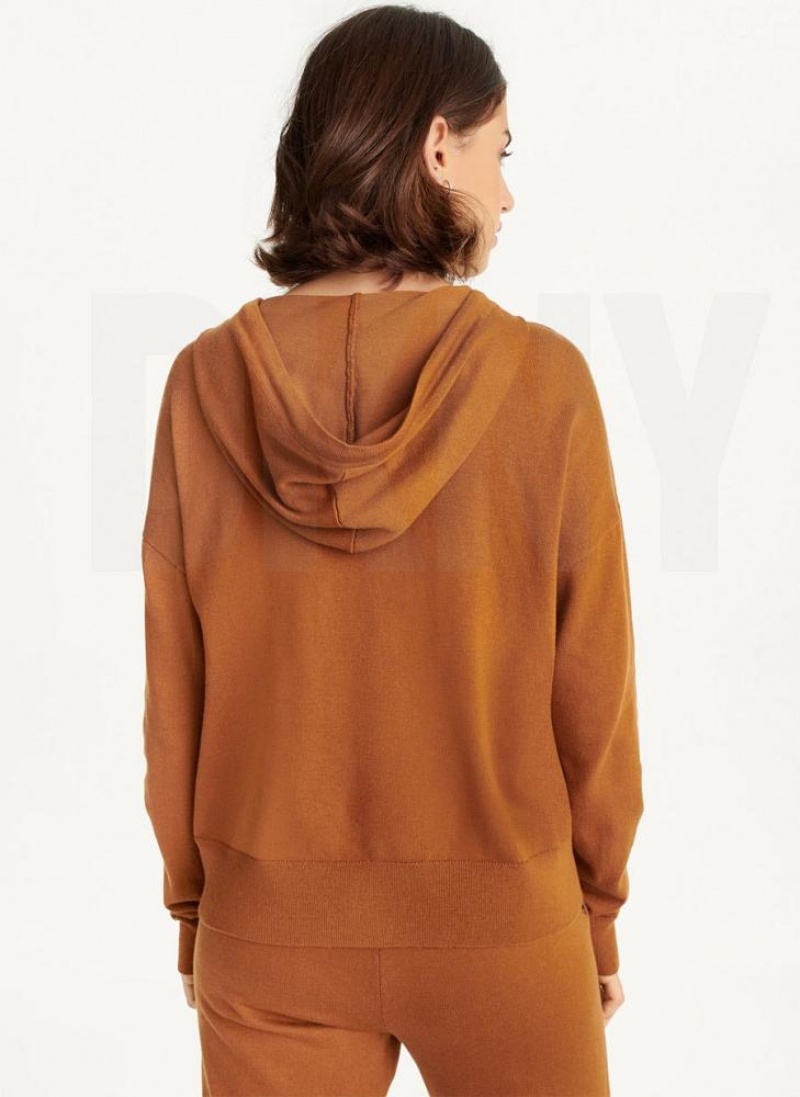 Brown DKNY Knit Women's Hoodies | USA-D0773