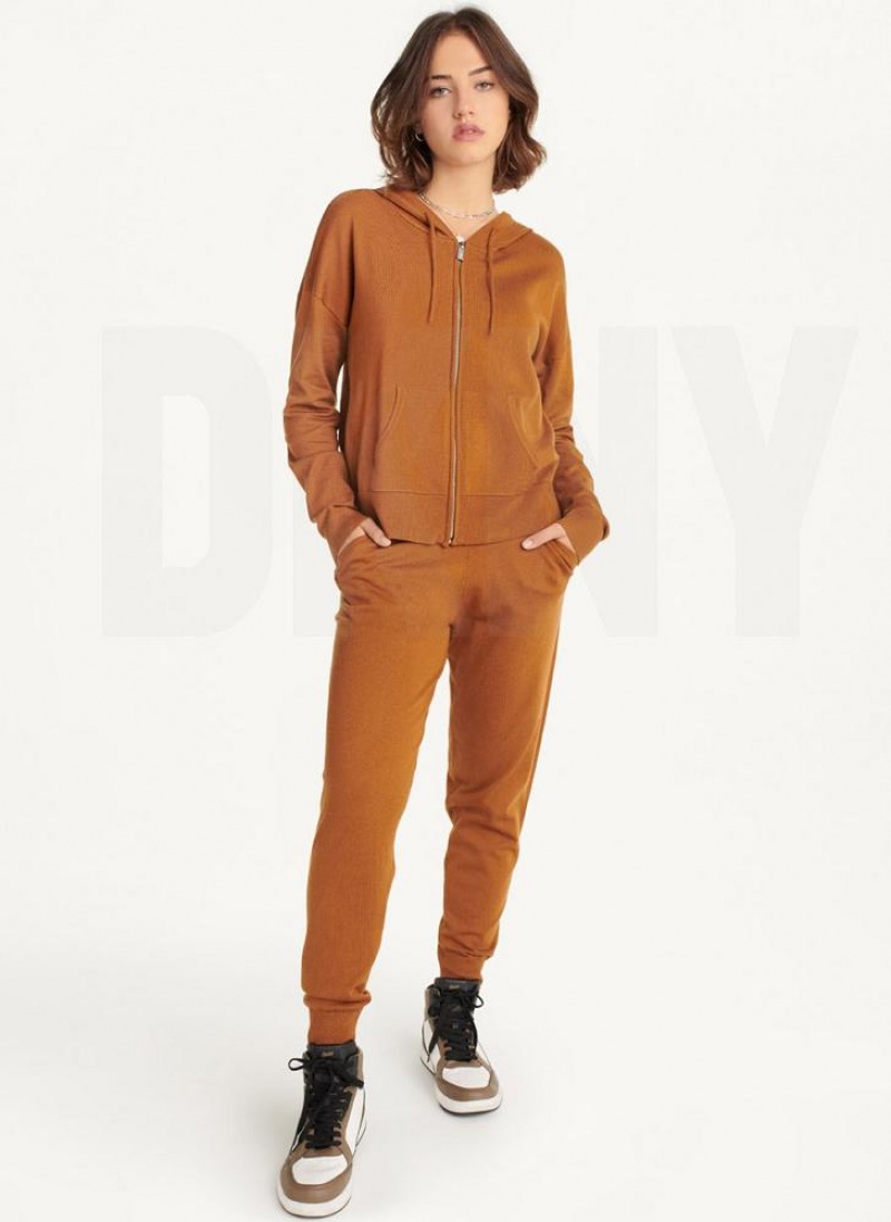 Brown DKNY Knit Women's Hoodies | USA-D0773