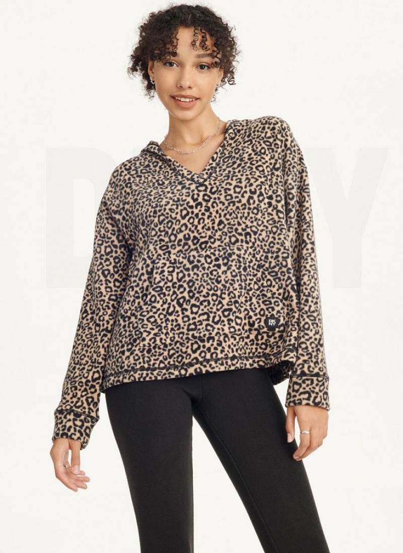 Brown DKNY Long Sleeve Hooded Top And Legging Set Women's Pajamas | USA-D0832