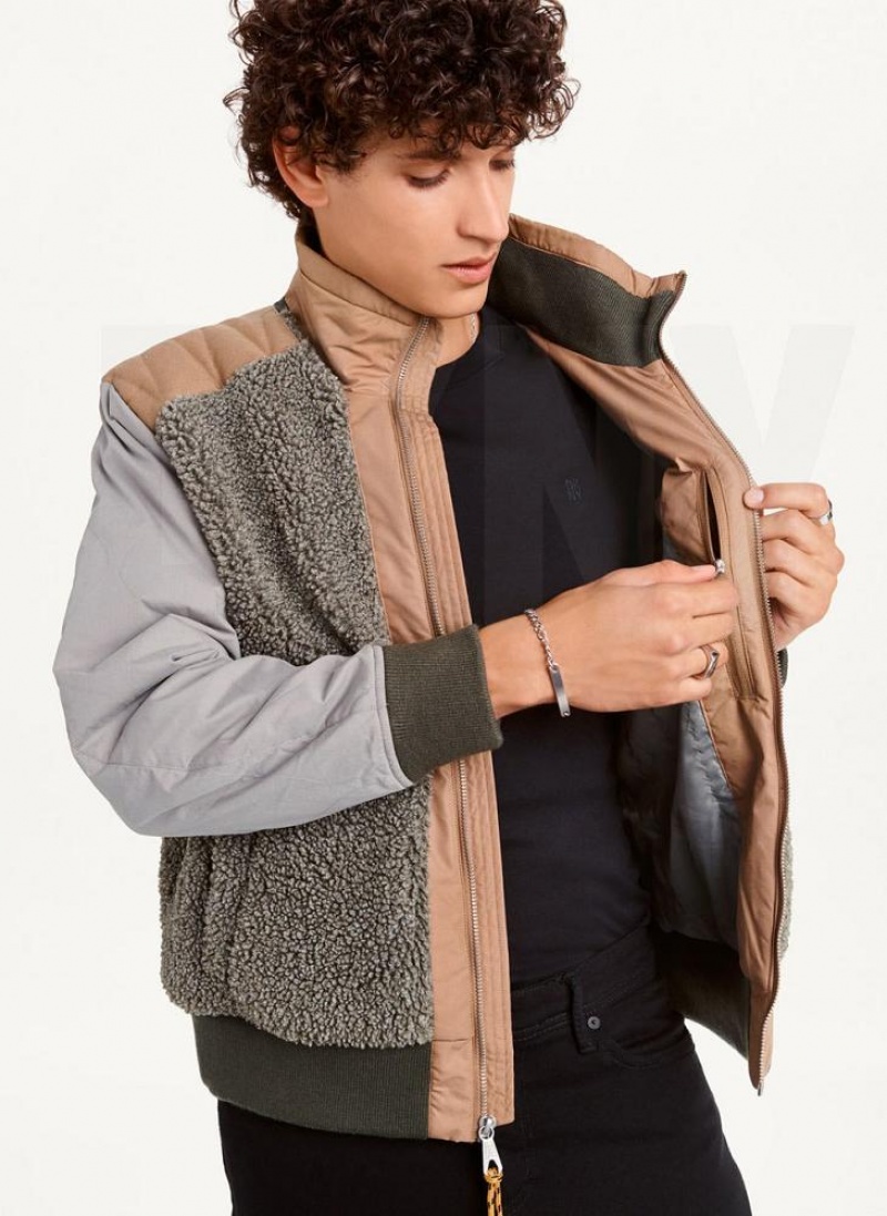 Brown DKNY Mixed Media Sherpa Bomber Men's Jackets | USA-D0108