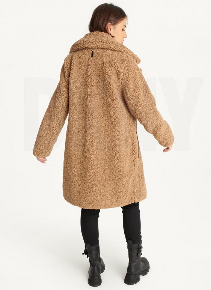 Brown DKNY Oversized Long Sherpa Women's Coats | USA-D1039