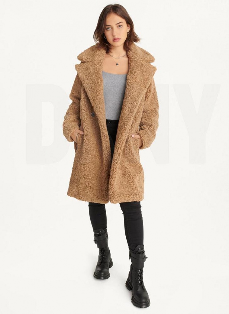 Brown DKNY Oversized Long Sherpa Women's Coats | USA-D1039