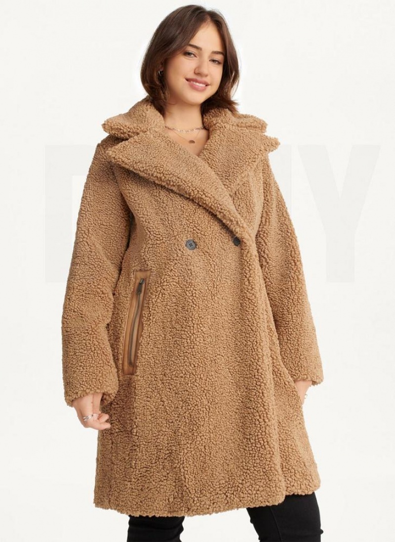 Brown DKNY Oversized Long Sherpa Women\'s Coats | USA-D1039