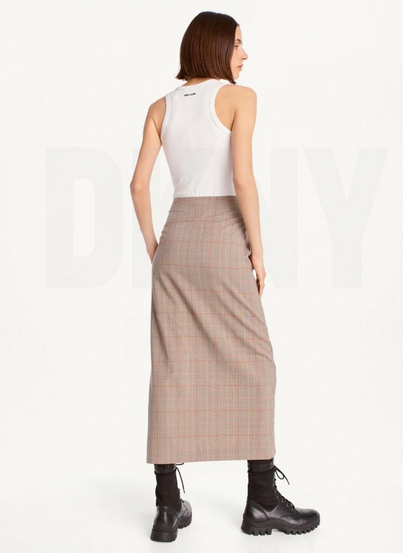 Brown DKNY Plaid Midi Women's Skirts | USA-D1544