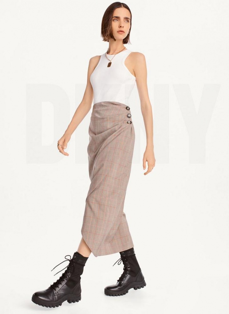 Brown DKNY Plaid Midi Women's Skirts | USA-D1544