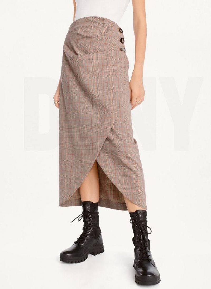 Brown DKNY Plaid Midi Women\'s Skirts | USA-D1544