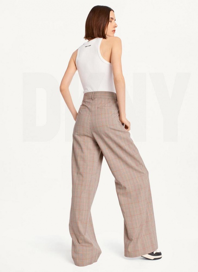Brown DKNY Plaid Wide Leg Women's Pants | USA-D1595