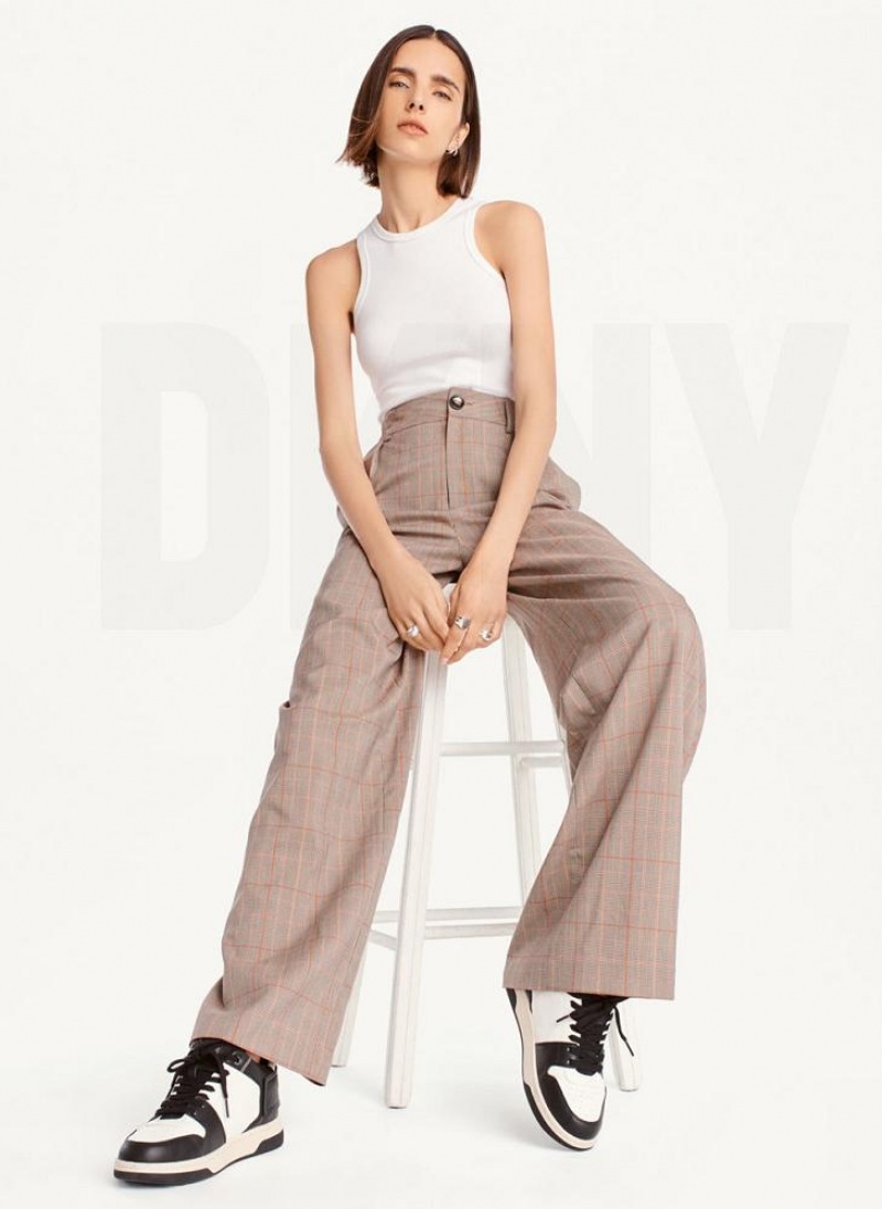 Brown DKNY Plaid Wide Leg Women's Pants | USA-D1595