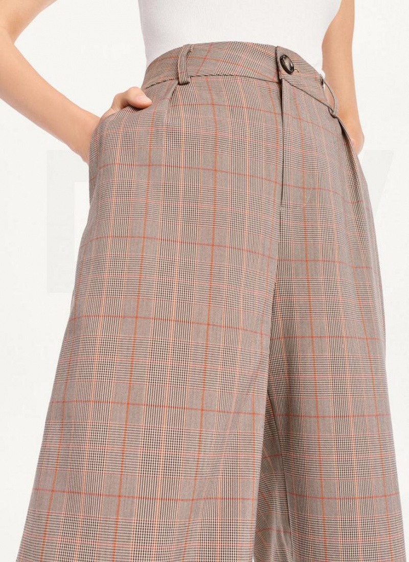 Brown DKNY Plaid Wide Leg Women's Pants | USA-D1595