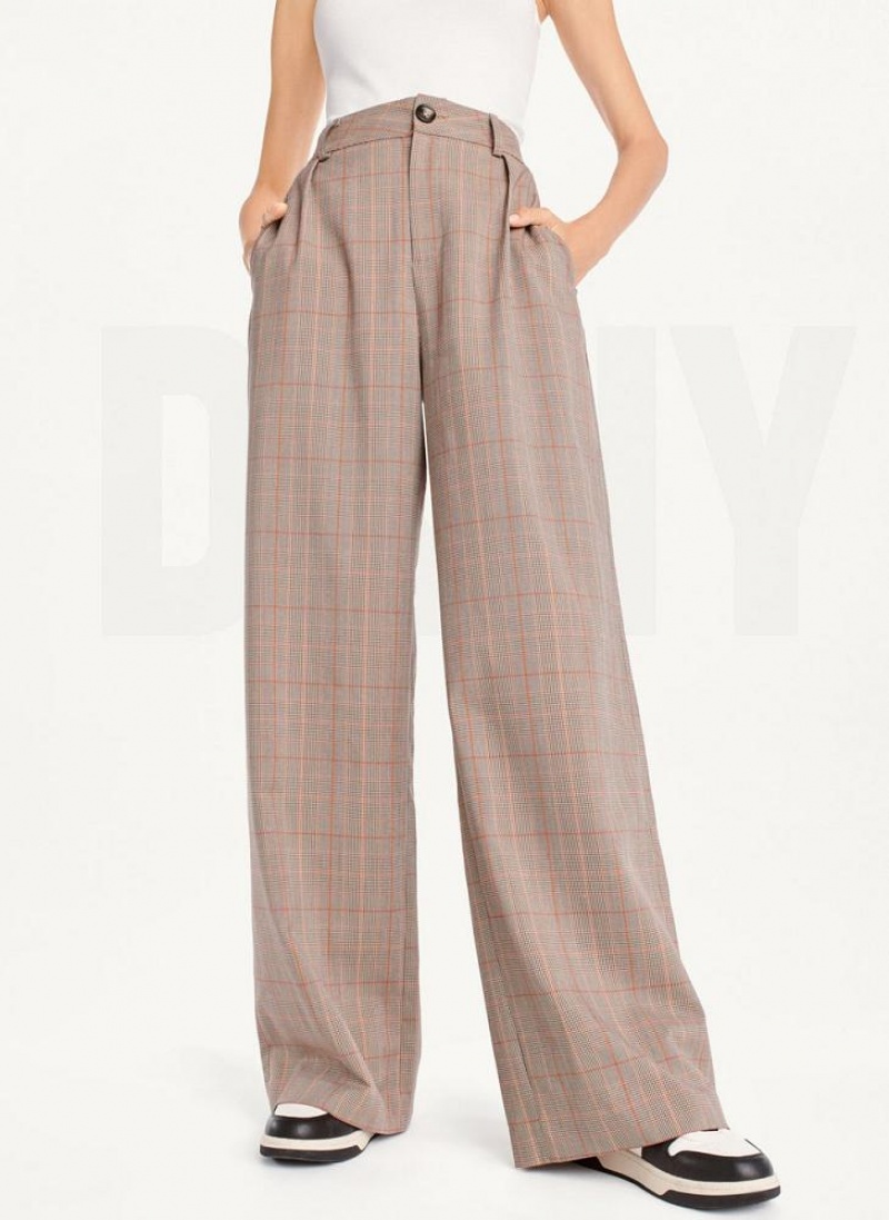 Brown DKNY Plaid Wide Leg Women\'s Pants | USA-D1595