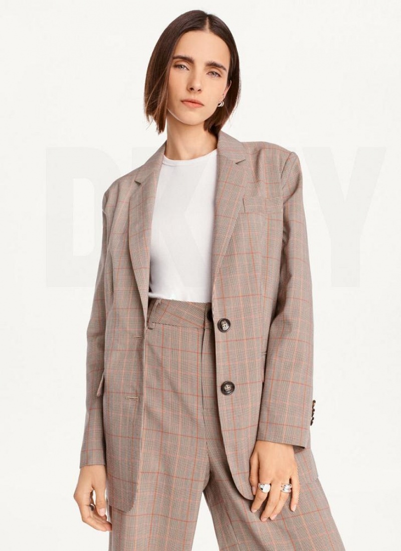 Brown DKNY Plaid Women\'s Blazers | USA-D0689