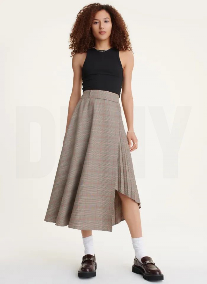 Brown DKNY Pleated Wrap Midi Women's Skirts | USA-D1913