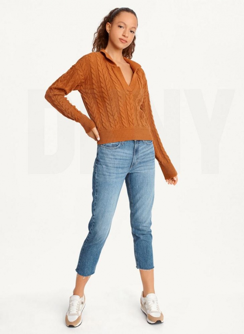 Brown DKNY Polo Cable knit Women's Sweaters | USA-D0901