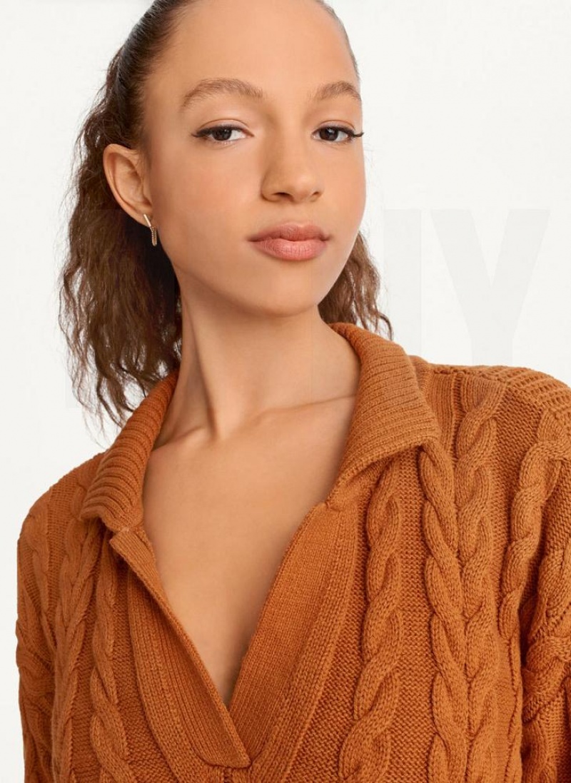 Brown DKNY Polo Cable knit Women's Sweaters | USA-D0901