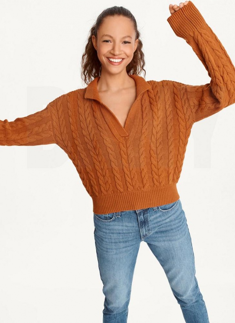 Brown DKNY Polo Cable knit Women\'s Sweaters | USA-D0901