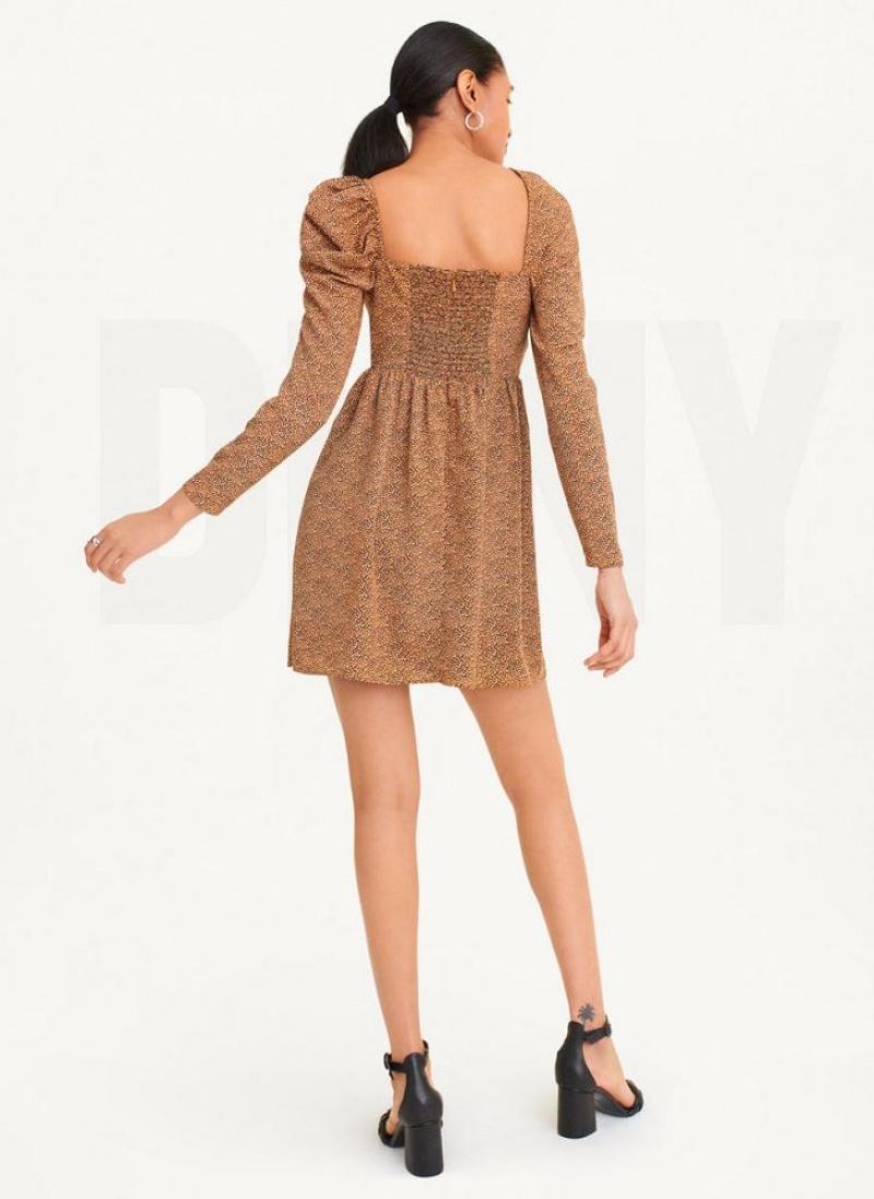 Brown DKNY Printed V-Neck Women's Dresses | USA-D1240