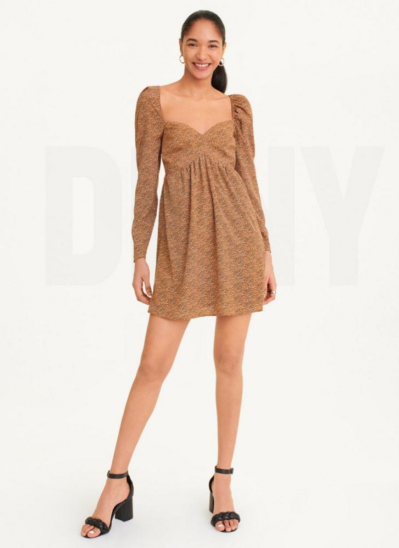 Brown DKNY Printed V-Neck Women's Dresses | USA-D1240