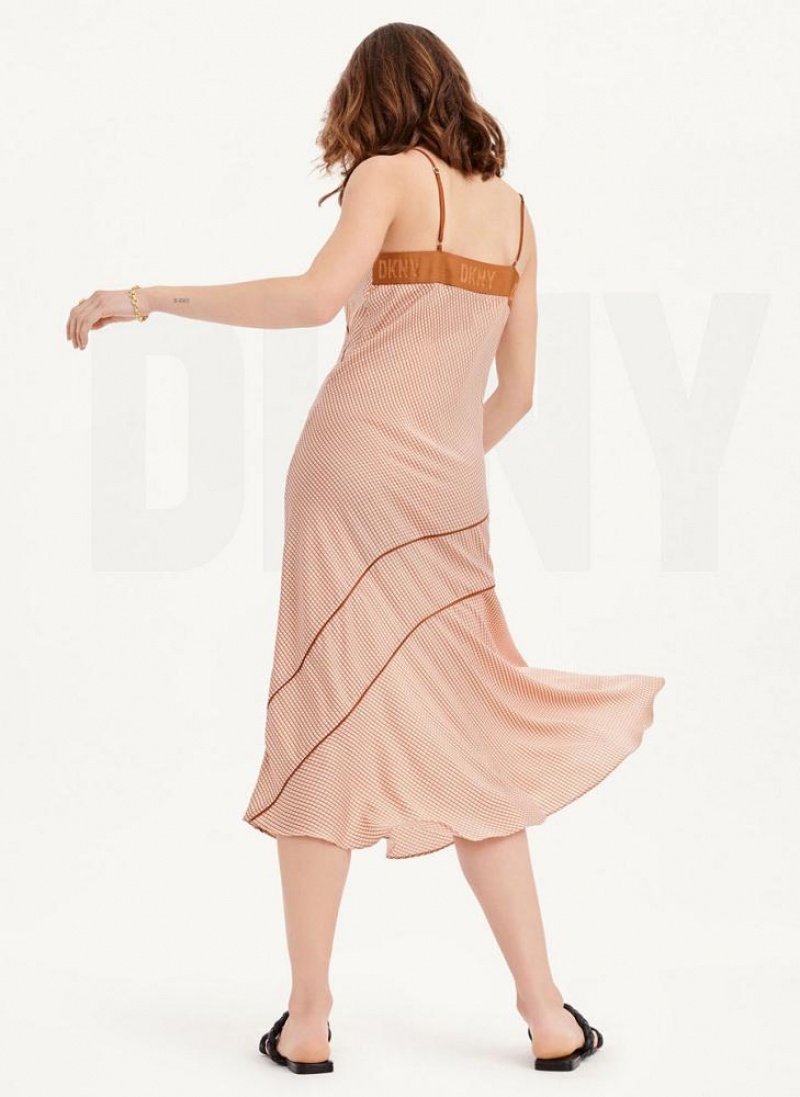 Brown DKNY Printed V-neck Cami Maxi Women's Dresses | USA-D1443