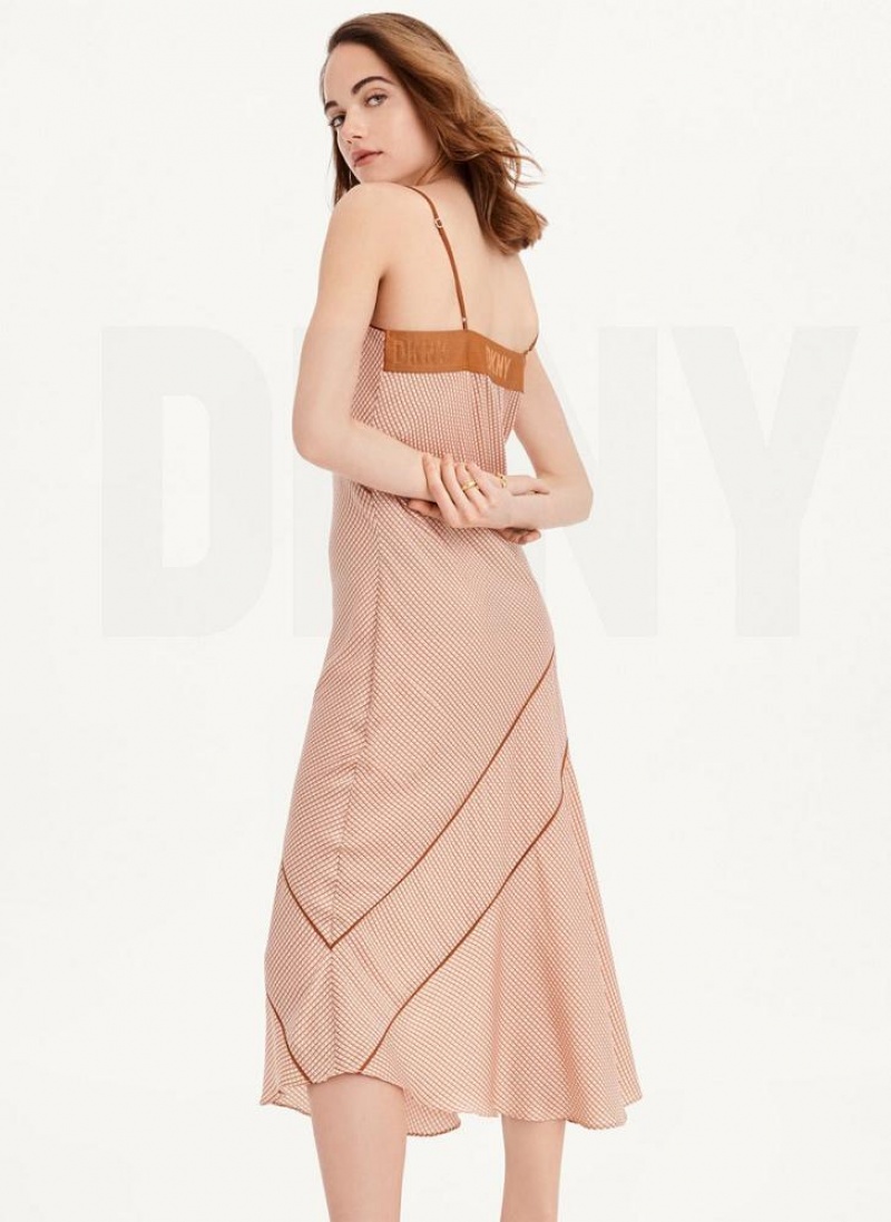 Brown DKNY Printed V-neck Cami Maxi Women's Dresses | USA-D1443